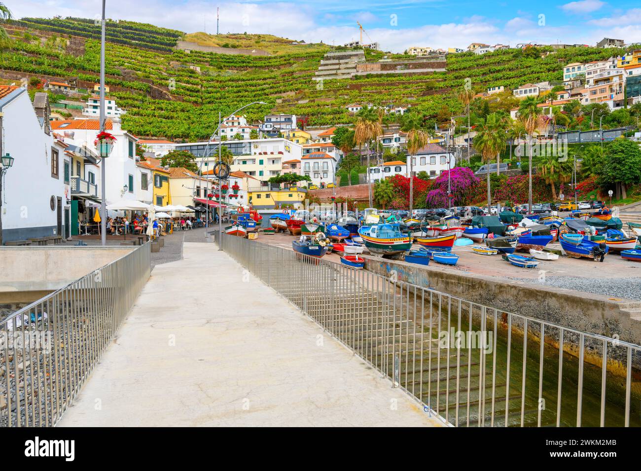 Petits bateaux de pêche colorés de bleu, jaune et rouge bordent le petit port de plaisance du petit village de pêcheurs de Câmara de Lobos, Madère Portugal Banque D'Images