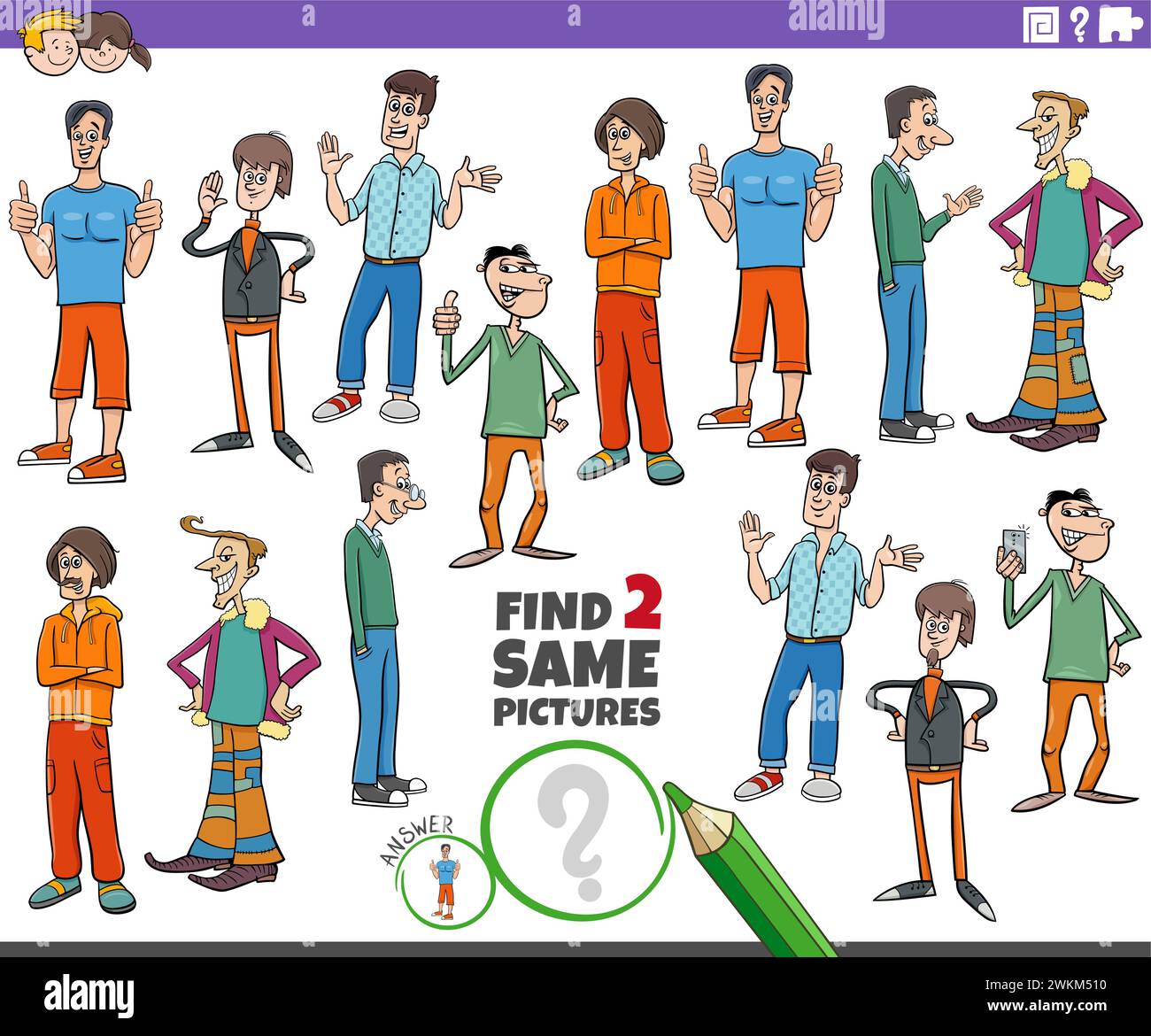 Illustration de dessin animé de trouver deux mêmes images jeu éducatif avec des gars ou des personnages de jeunes hommes Illustration de Vecteur