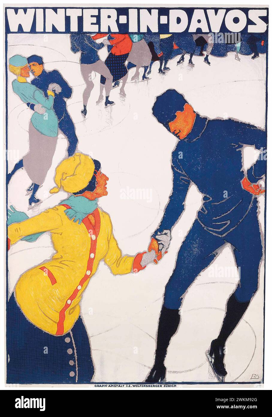 Affiche de voyage vintage 'Winter in Davos' par Burkhard Mangold , 1914, mettant en vedette des couples patinant sur la glace Banque D'Images