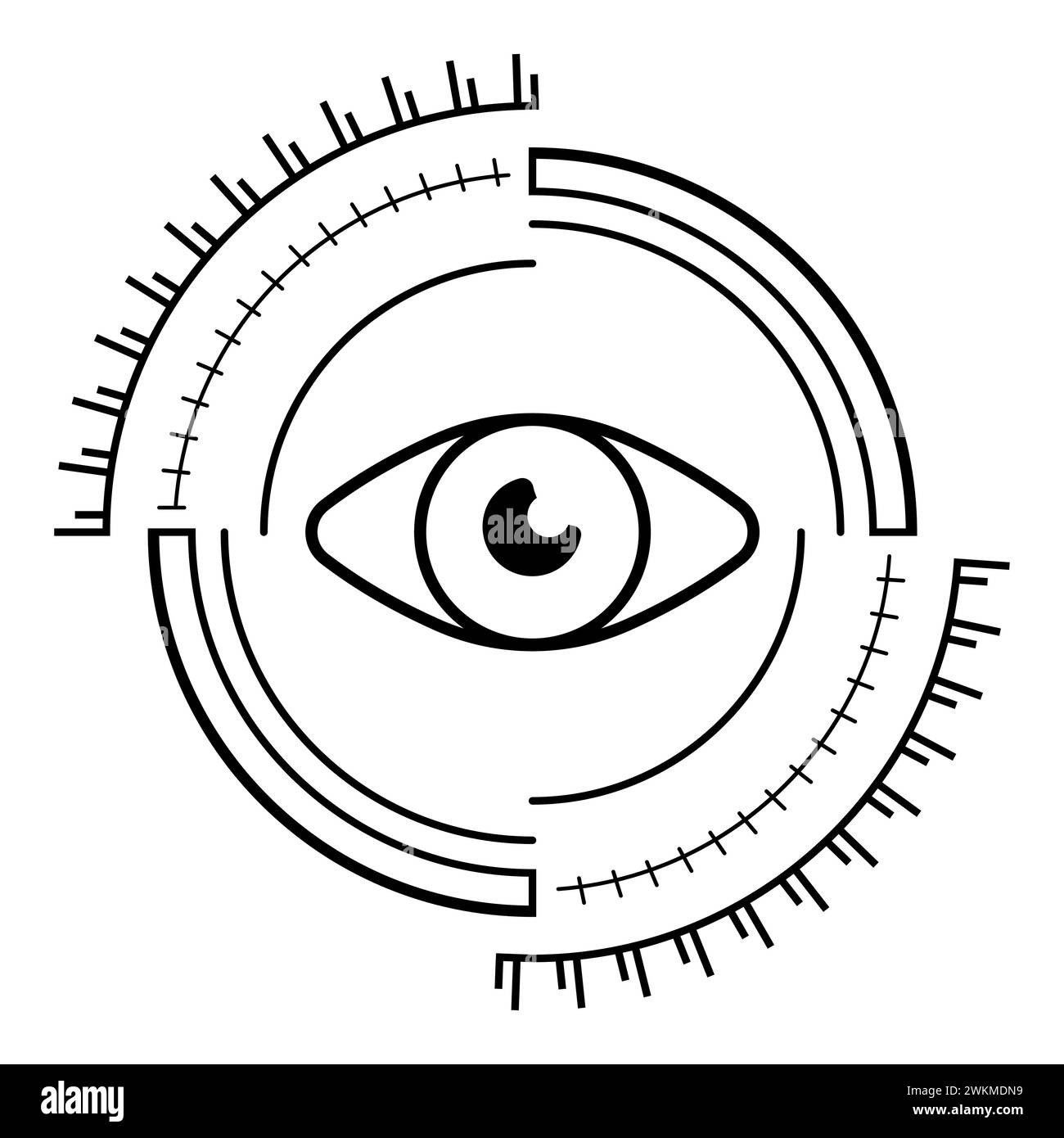 Logo vecteur de vision cyber. L'icône du cyber œil dans les cercles techniques modernes. Regardez dans le vecteur réticule. Cadrans circulaires technologiques avec heure M. Illustration de Vecteur