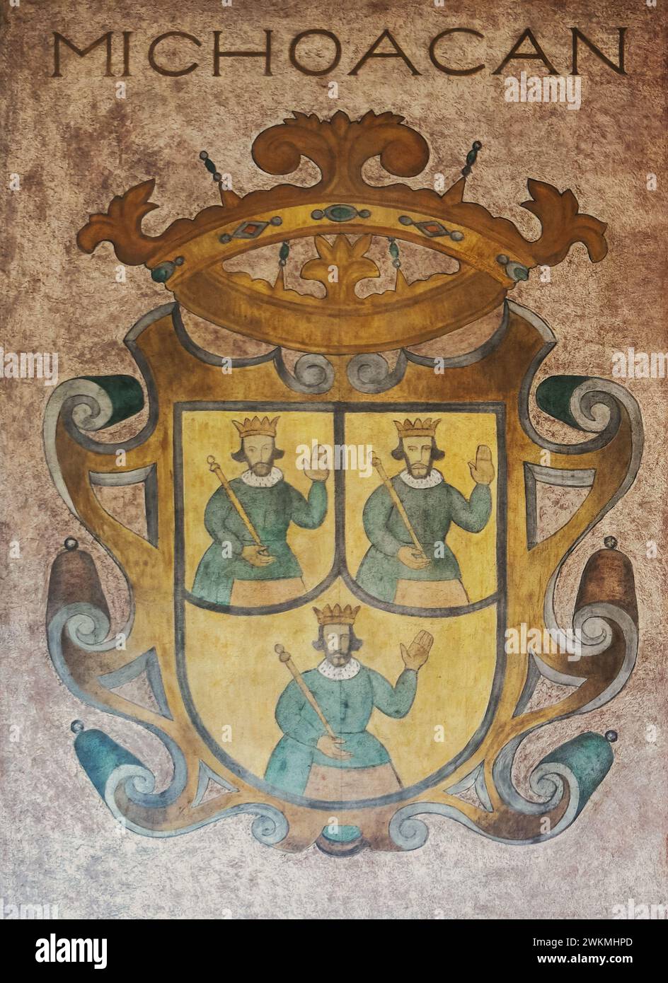 Armoiries de l'état de Michoacán, murale de Diego Rivera, au bâtiment SEP à Mexico, Mexique. Banque D'Images