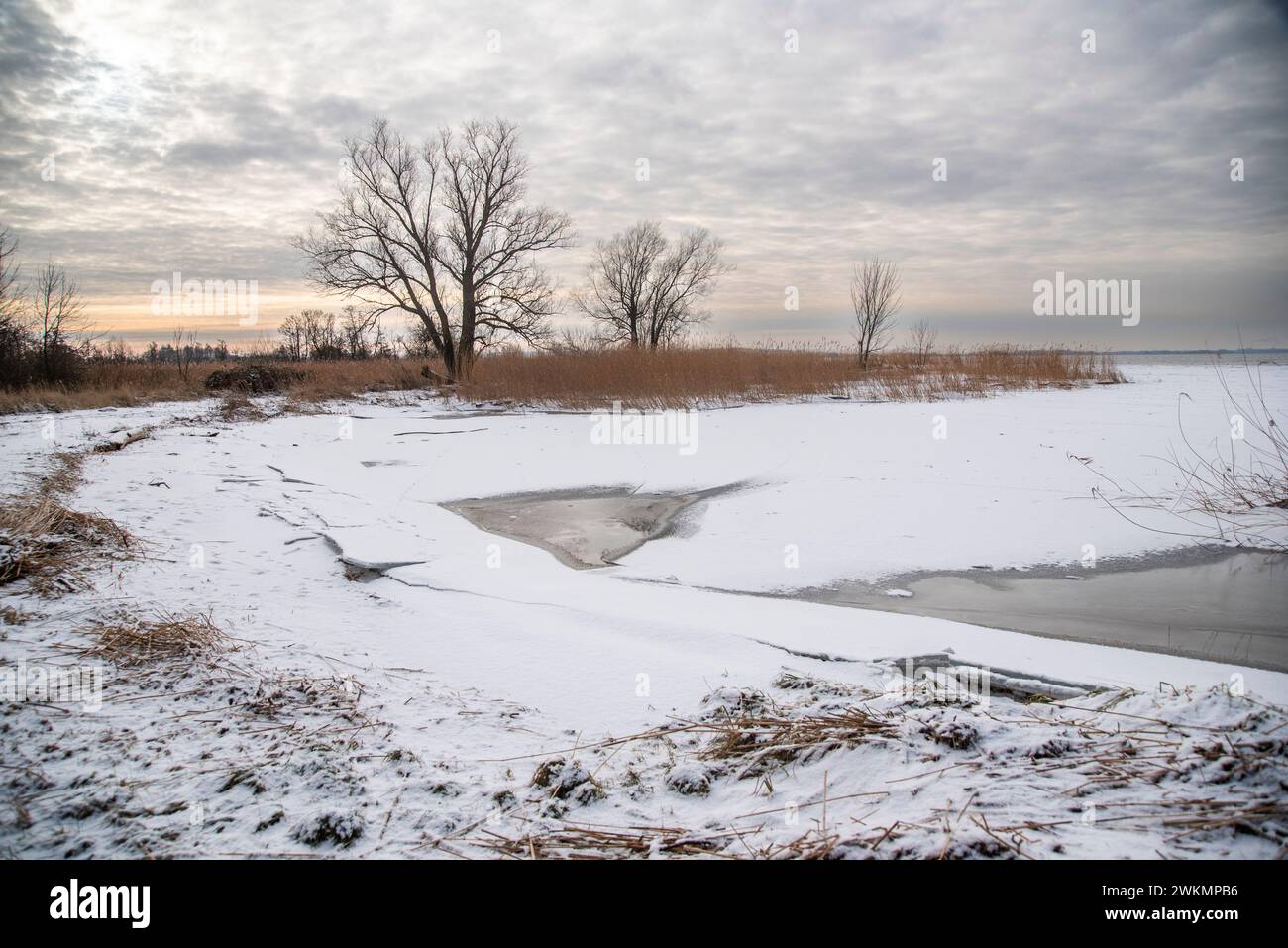 Un beau paysage hivernal sur un lac couvert de neige. Banque D'Images