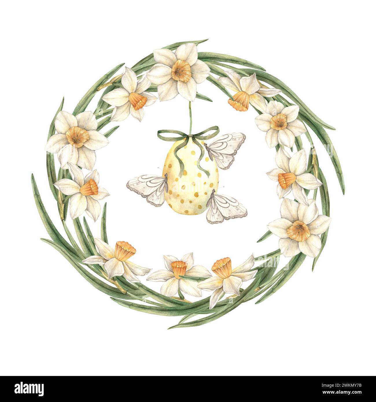 Aquarelle cadre rond de Pâques de jonquilles et oeuf avec des papillons. L'illustration est dessinée à la main sur un fond isolé. Dessin pour le message d'accueil env Banque D'Images