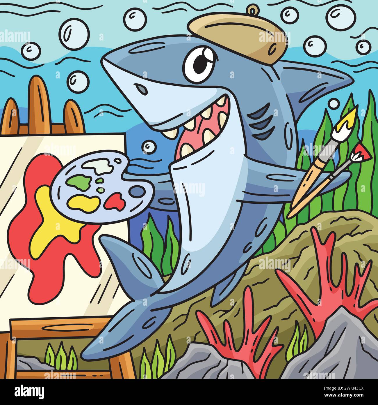 Requin avec peinture matériaux colorés Cartoon Illustration de Vecteur