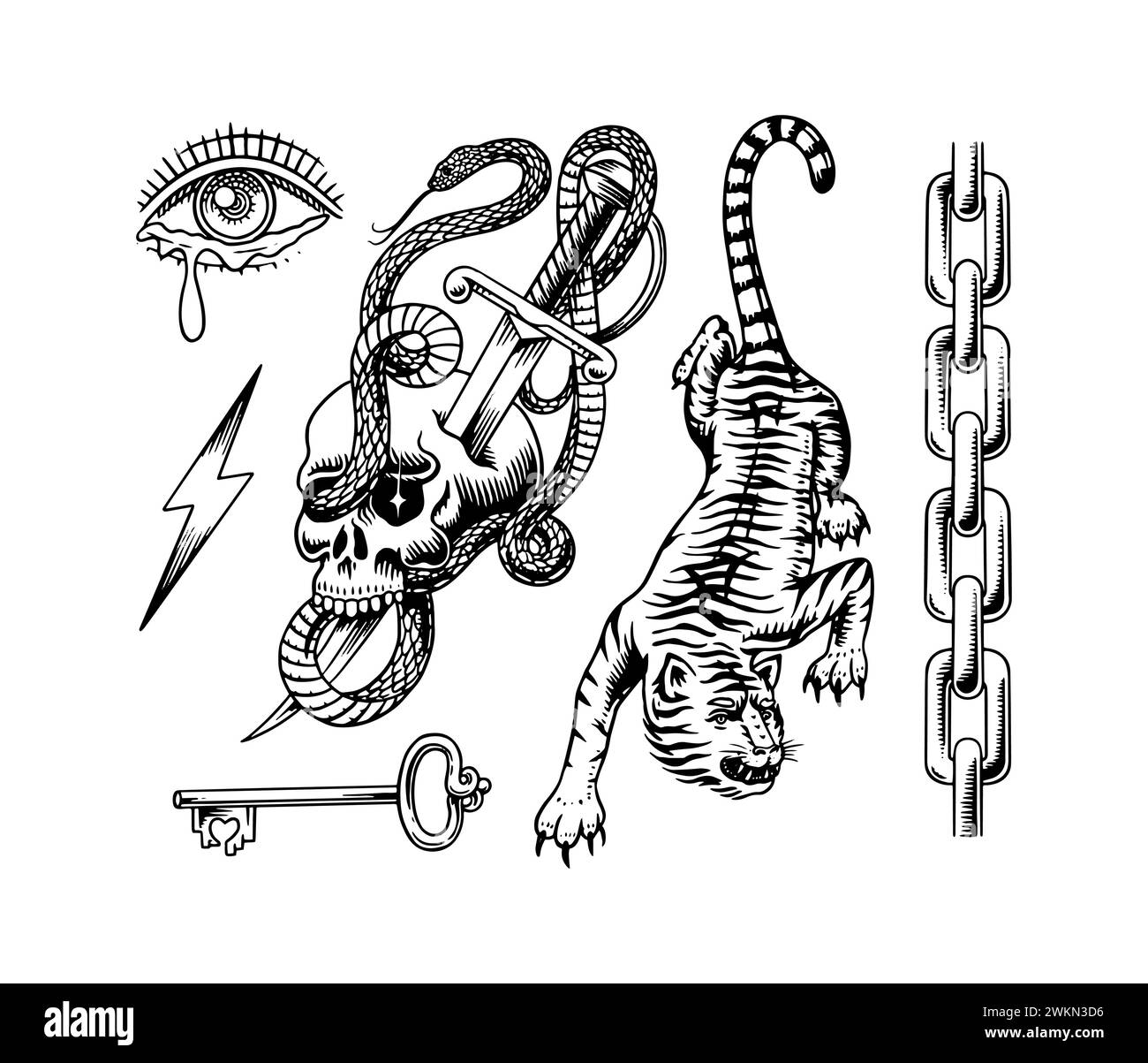 Set d'autocollants tatouage Old School. Tigre et chaîne, épée et serpent dans le crâne, oeil et clé. Croquis rétro vintage dessiné à la main gravé pour ordinateur portable ou Illustration de Vecteur