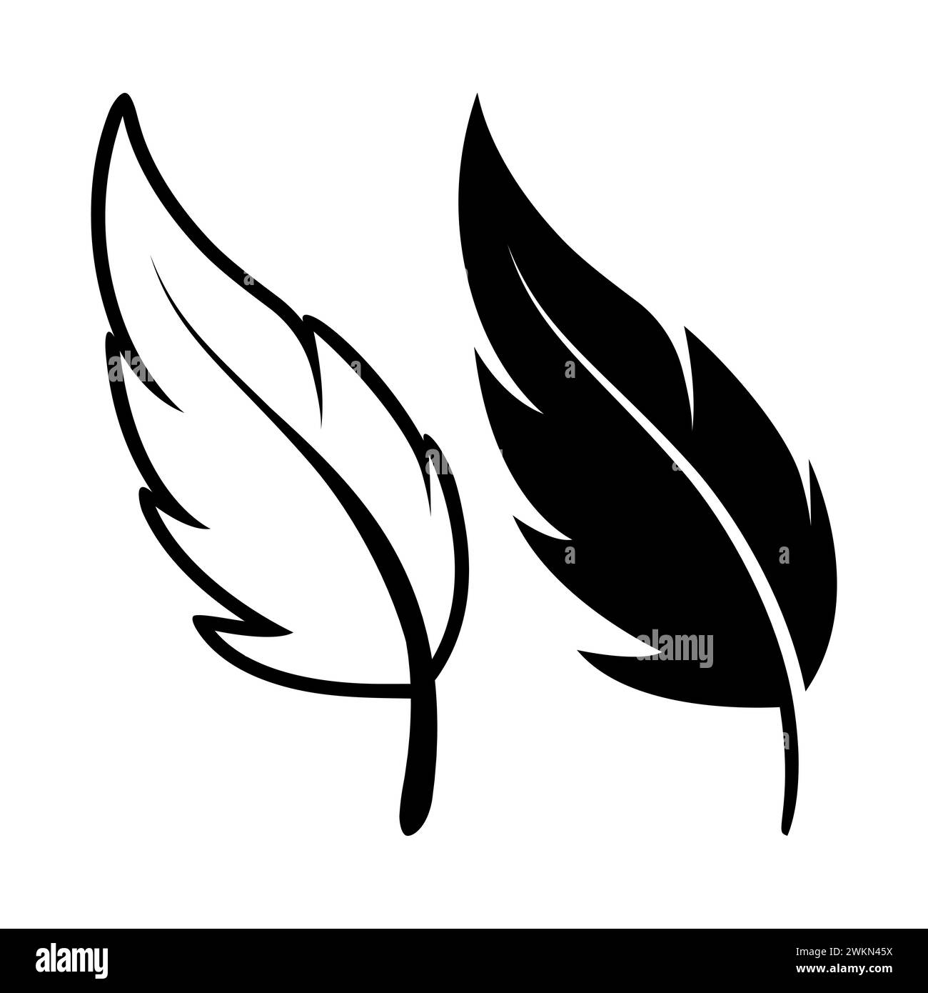 Icônes de logo de plumes fluffy noir et blanc Vector. Gros plan de l'ensemble contour progressif Silhouette isolé. Modèle de conception de Flamingo, Ange, plume d'oiseau. Luminosité Illustration de Vecteur