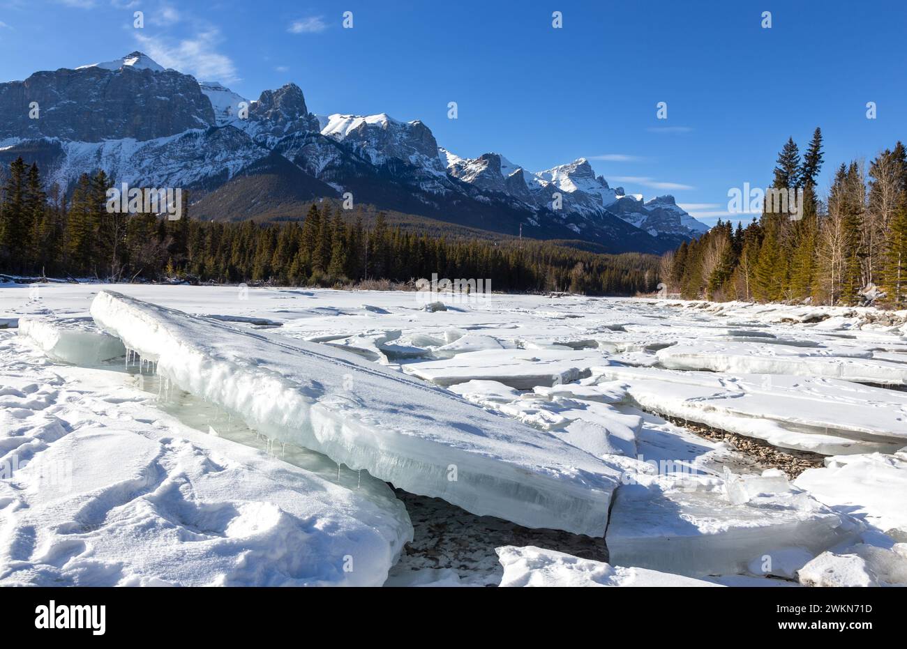 Blocs de glace fracturés de la rivière, paysage des montagnes Rocheuses canadiennes recouvert de neige. Pittoresque jour d'hiver ensoleillé Canmore Alberta Canada, parc national Banff Banque D'Images