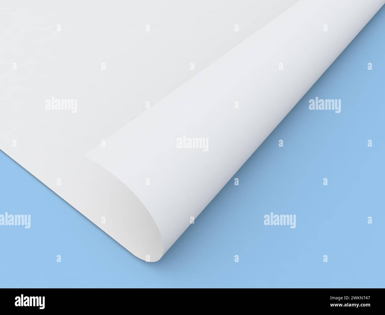 Feuille incurvée de papier A4 sur un fond bleu. illustration de rendu 3d. Banque D'Images