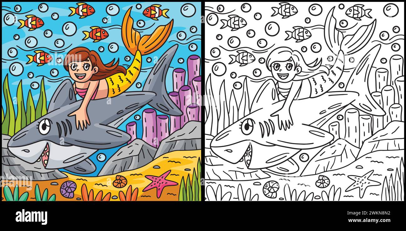 Illustration de la page de coloriage requin et sirène Illustration de Vecteur