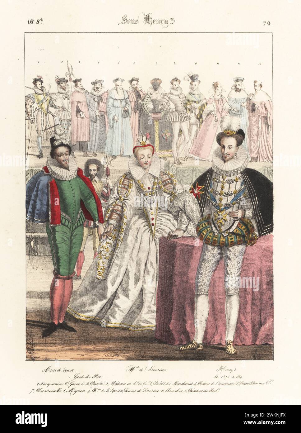 Anne, duc de joyeuse, et son épouse Marguerite de Lorraine-Vaudemont, avec le roi Henri III En casquettes à plumes, col à volants, cape courte, doublet et tuyau, colliers bijoux. Anne de joyeuse, Garde du Roi, Marguerite de Lorraine, Henry III Sous Henry 3. Lithographie coloriée à la main par Godard d'après une illustration de Charles Auguste Herbé à partir de ses propres costumes Français, civils, militaires et religieux, costumes Français, civil, militaire et religieux, Maison Martinet, Paris, 1837. Banque D'Images