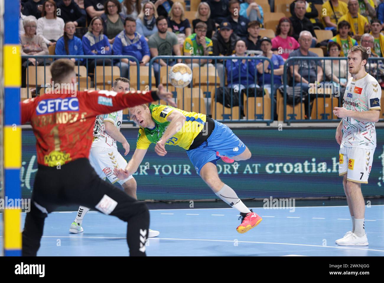 Celje, Slovénie. 21 février 2024. Ziga Mlakar (2e R) du RK Celje Pivovarna Lasko tire sur le but lors de la Ligue des champions EHF masculine entre le RK Celje Pivovarna Lasko et le SC Magdeburg à Celje, Slovénie, le 21 février 2024. Crédit : Zeljko Stevanic/Xinhua/Alamy Live News Banque D'Images