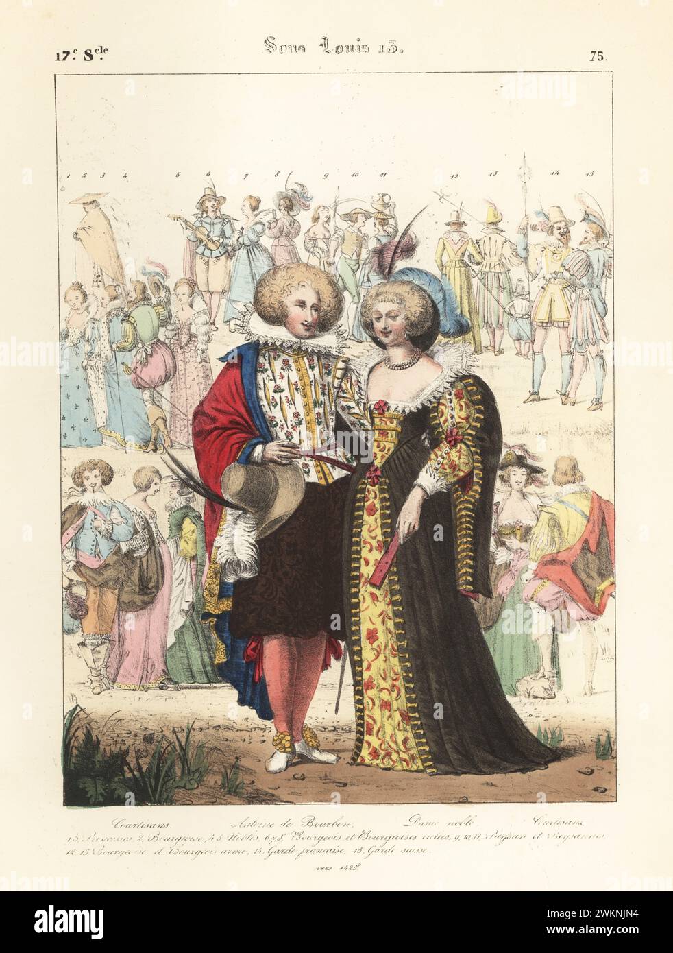 Antoine de Bourbon, roi de Navarre, et noble femme, XVIe siècle. En col dentelle, cape doublée de fourrure, doublet brodé, culottes et tuyau. Courtisans, Antoine de Bourbon, roi de Navarre, Dame Noble, sous Louis 13. Lithographie coloriée à la main par Godard d'après une illustration de Charles Auguste Herbé à partir de ses propres costumes Français, civils, militaires et religieux, costumes Français, civil, militaire et religieux, Maison Martinet, Paris, 1837. Banque D'Images