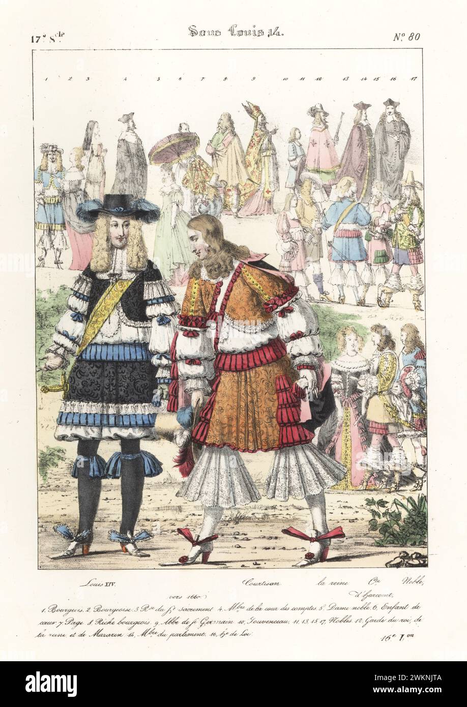Roi Louis XIV avec courtisan, milieu du XVIIe siècle. Le Roi Soleil en gilet brodé et pantalons, avec manches et culottes volantes, jarretières, tuyau, chaussures à ruban, épée de cour. Avec la reine Marie-Thérèse d'Espagne et Henri, comte de Harcourt. Louis XIV, Courtisan, la Reine, Comte d'Harcourt, Noble. Sous Louis 14. Lithographie coloriée à la main par Godard d'après une illustration de Charles Auguste Herbé à partir de ses propres costumes Français, civils, militaires et religieux, costumes Français, civil, militaire et religieux, Maison Martinet, Paris, 1837. Banque D'Images