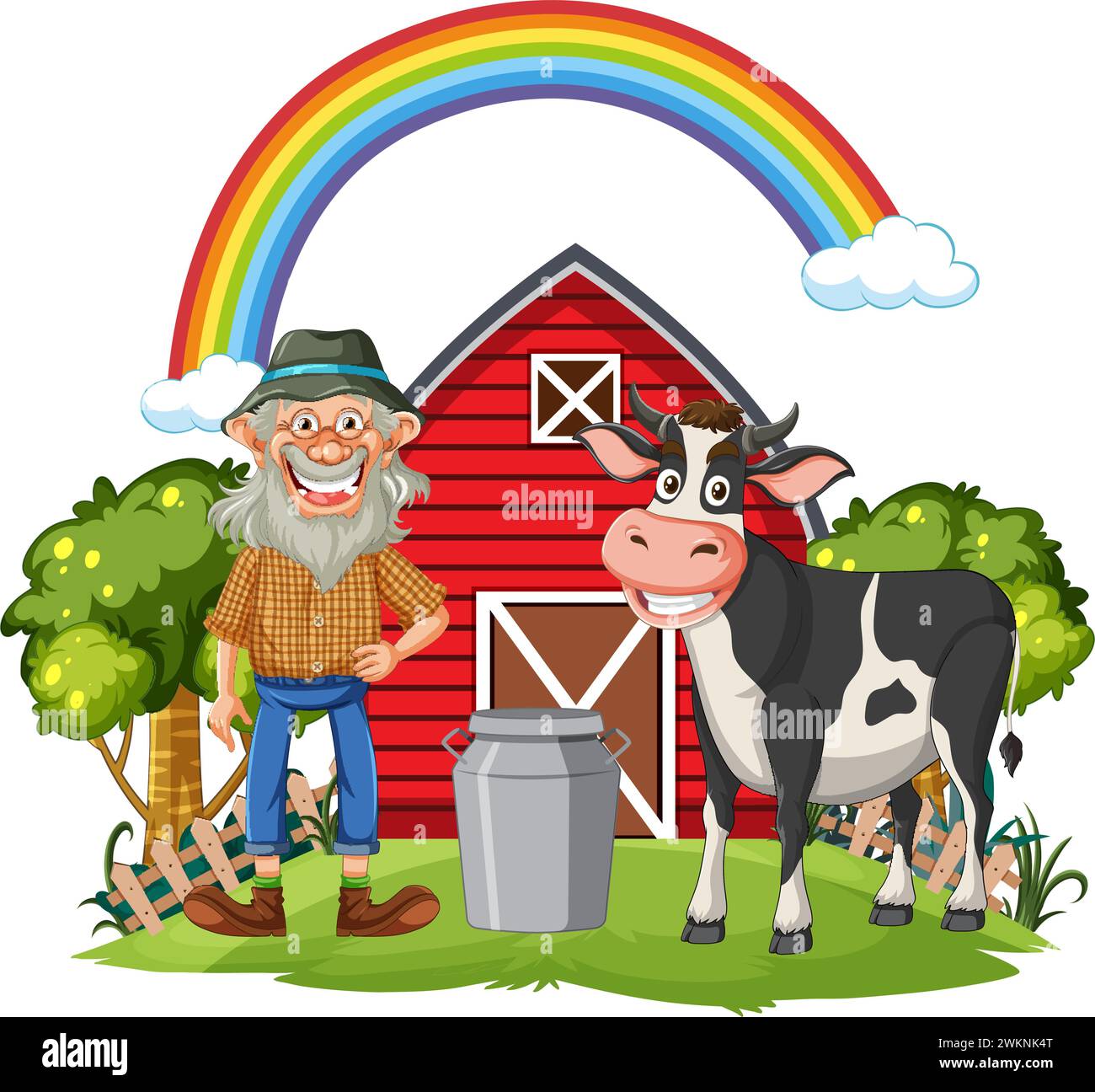 Fermier joyeux debout à côté d'une vache et d'une grange. Illustration de Vecteur