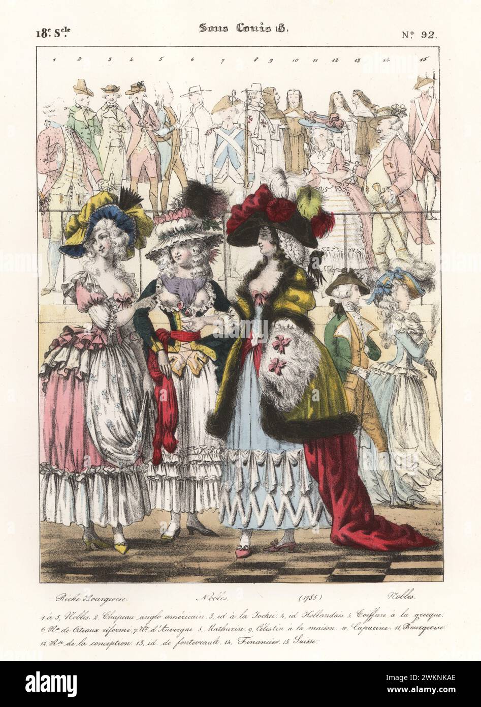 Costumes de riches bourgeoises et nobles femmes, règne du roi Louis XVI, XVIIIe siècle. Femmes en bonnets, capes, corsets bas et hoopskjupes avec volants. Riche bourgeoise, nobles, sous Louis 16. Lithographie coloriée à la main par Godard d'après une illustration de Charles Auguste Herbé à partir de ses propres costumes Français, civils, militaires et religieux, costumes Français, civil, militaire et religieux, Maison Martinet, Paris, 1837. Banque D'Images