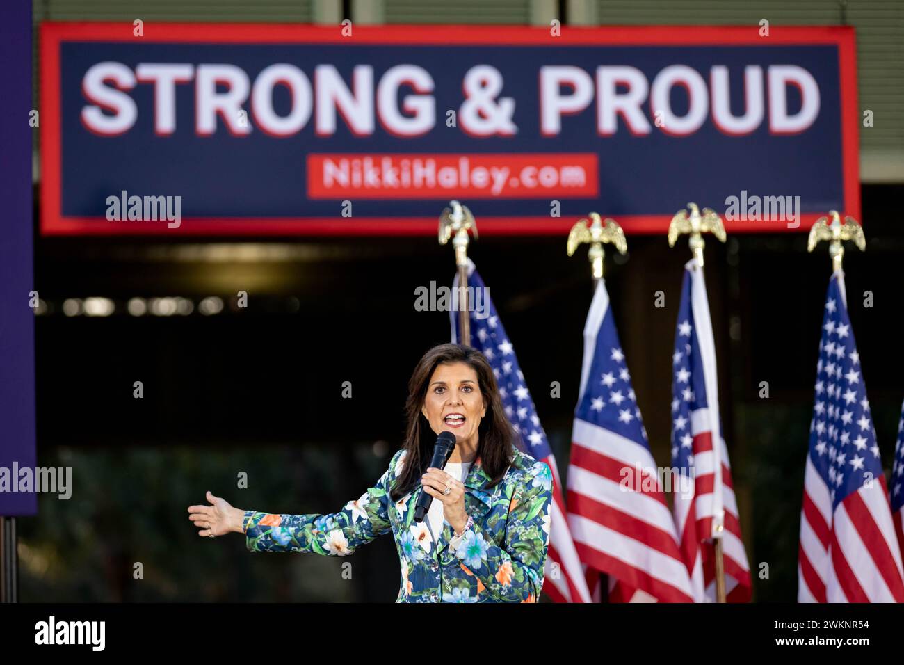 BEAUFORT, CAROLINE DU SUD - 21 FÉVRIER : le candidat républicain à la présidence, l'ancien ambassadeur de l'ONU Nikki Haley, prend la parole lors d'un événement de campagne au Henry C. Chambers Waterfront Park le 21 février 2024, à Beaufort, en Caroline du Sud. Haley a juré de rester dans la course présidentielle républicaine contre Donald Trump indépendamment du résultat des primaires de Caroline du Sud de samedi, disant qu'elle ne reculerait pas sous la pression de l'ancien président et de ses alliés. (Photo de Michael Nigro/Sipa USA) crédit : Sipa USA/Alamy Live News Banque D'Images