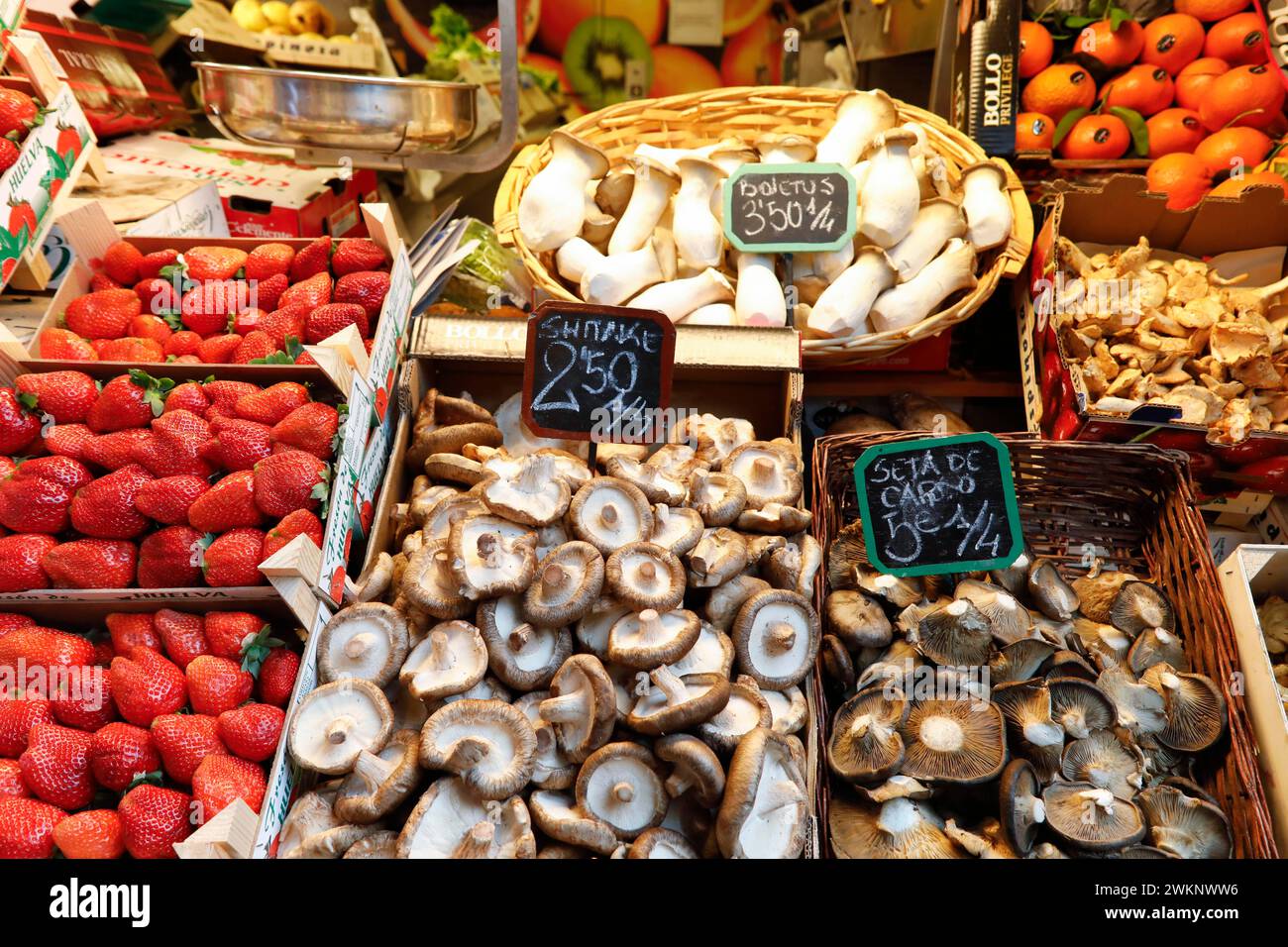 Fruits et champignons espagnols frais au marché aux légumes de Malaga, 12/02/2019 Banque D'Images