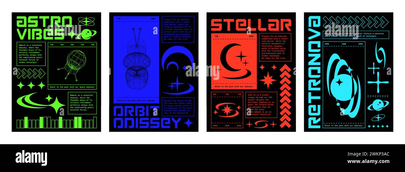 Set d'affiches techno rétro futuristes. Illustration vectorielle de bannières esthétiques rétrowave avec satellite spatial filaire, radar, planète globe, icônes de lune sur fond noir, modèles de flyer y2k Vibe Illustration de Vecteur
