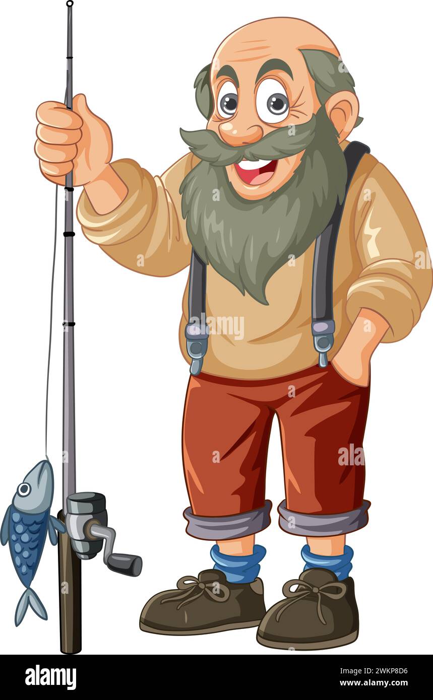 Vieux pêcheur joyeux tenant une canne à pêche. Illustration de Vecteur