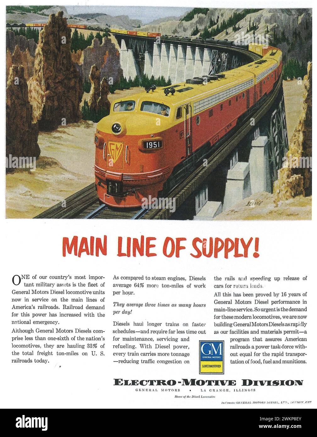 1961 publicité imprimée sur les locomotives General Motors. Ligne principale d'approvisionnement locomotive électro-motive Banque D'Images