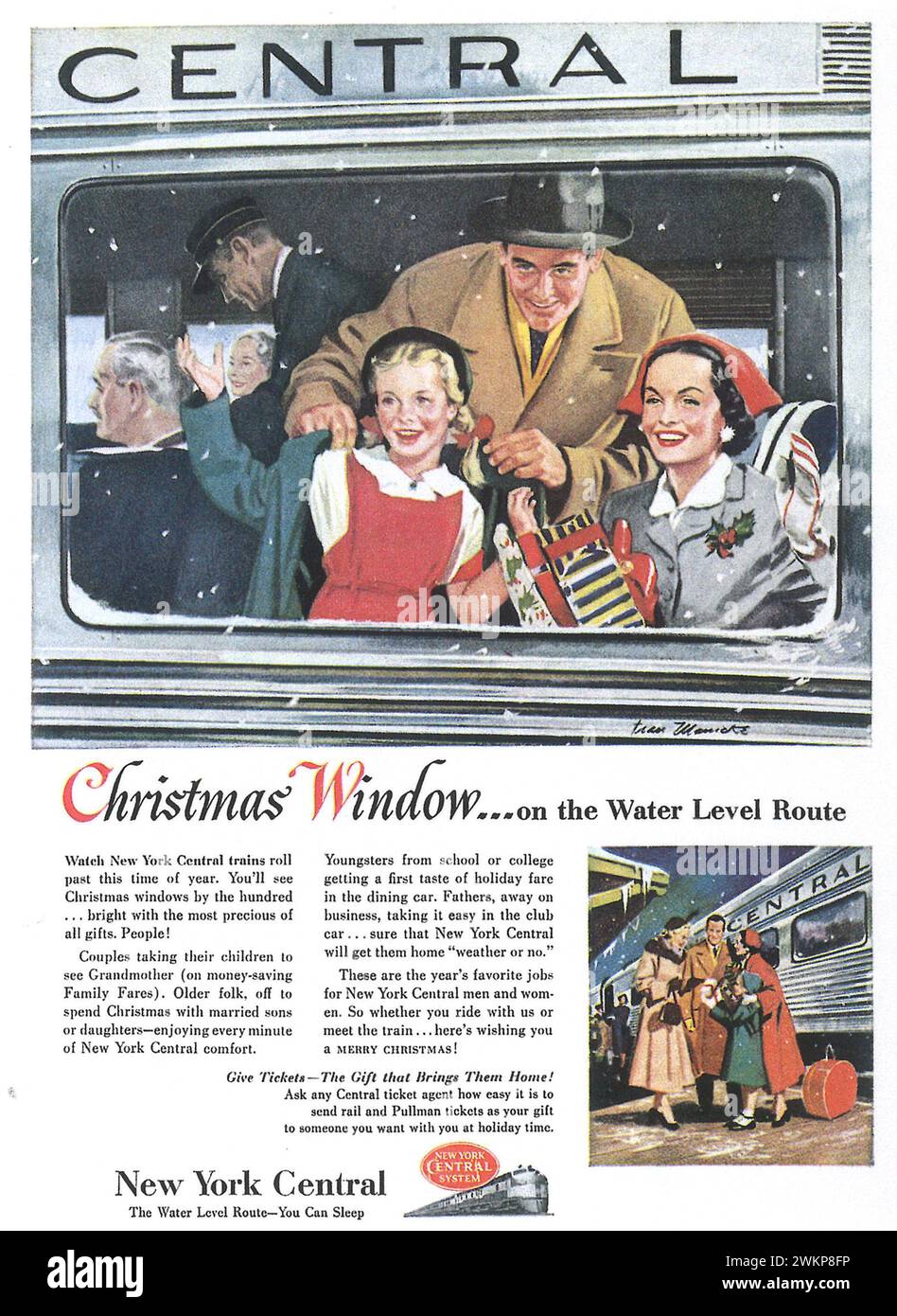 1950 New York Central Print ad. Fenêtre de Noël ... sur la route au niveau de l'eau. Banque D'Images