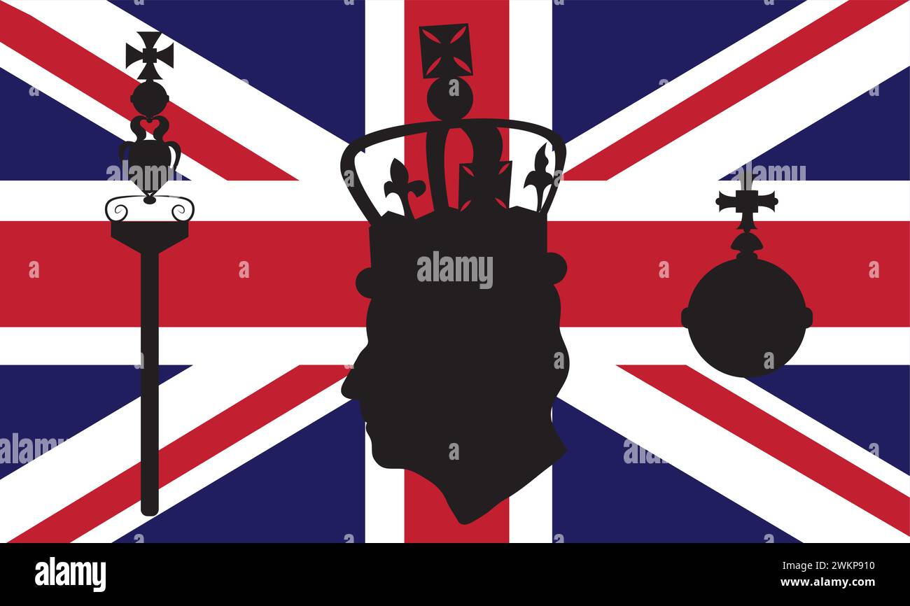 Le nouveau monarque britannique. Silhouette de Charles dans la couronne et les regalia royales, le sceptre de l'Empire britannique et Illustration de Vecteur