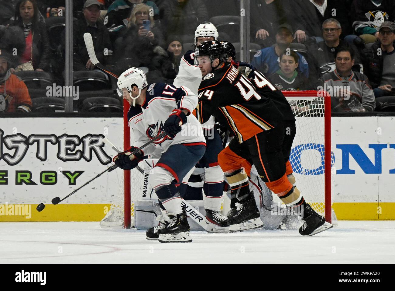 Columbus Blue Jackets right wing Justin Danforth (17) clears the puck away from Anaheim Ducks left wing Ross Johnston (44) during the first period of an NHL hockey game in Anaheim, Calif., Wednesday, Feb. 21, 2024. (AP Photo/Alex Gallardo) Banque D'Images