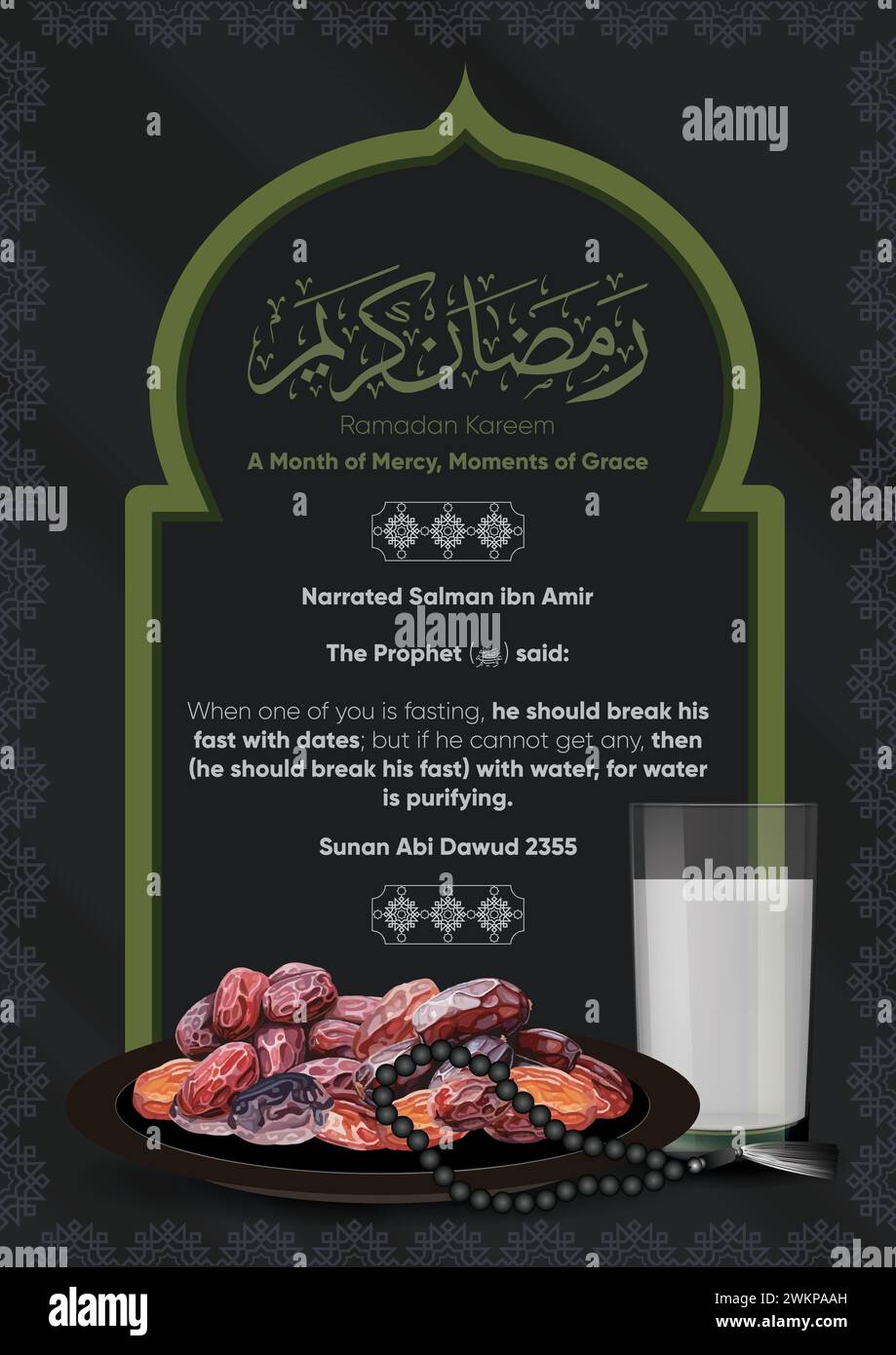 Carte Ramadan Kareem et affiche de l'iftar. Illustration de dattes sur une assiette et de l'eau pour casser le jeûne. Illustration de Vecteur
