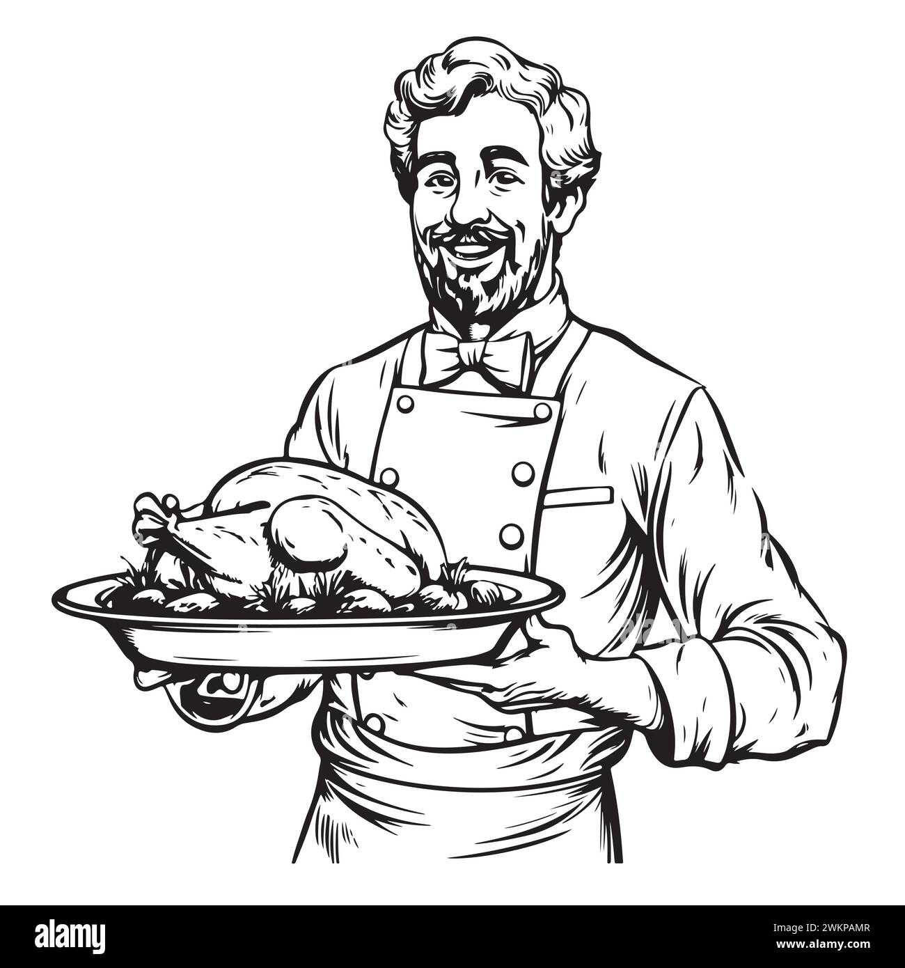 Heureux chef, tenant un poulet. Illustration vectorielle d'esquisse Illustration de Vecteur