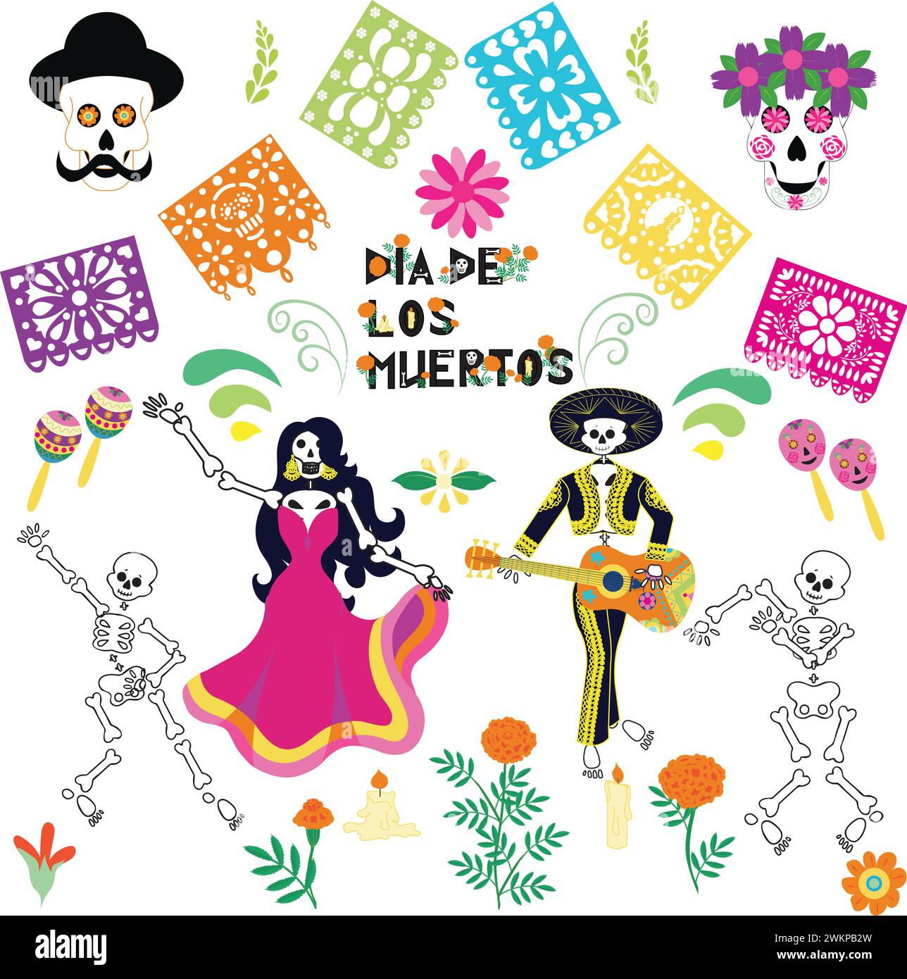 Jour des morts, fiesta Dia de los Muertos, squelette en costumes mexicains et sombrero, musique et danse. Illustration vectorielle. Illustration de Vecteur