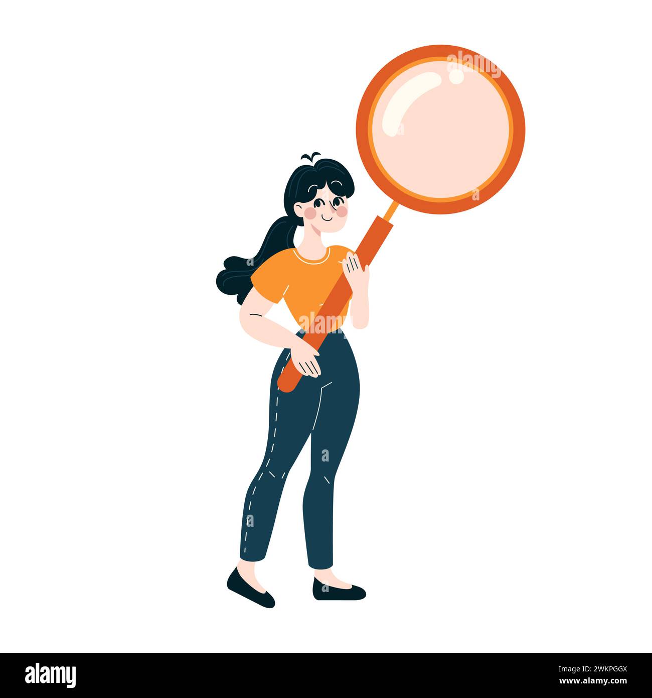 Concept d'analyse. Femme professionnelle s'engageant dans un examen détaillé avec une loupe. Illustration vectorielle plate Illustration de Vecteur