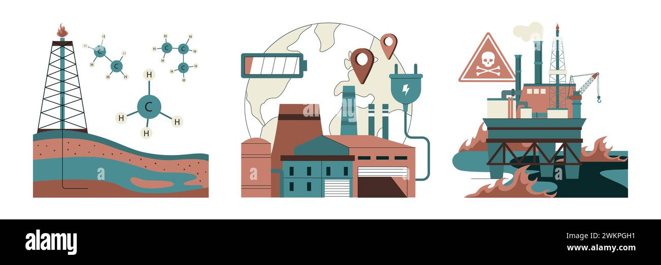 Ensemble combustible fossile. L'extraction des ressources fossiles et son impact sur le changement climatique. Dépendance à l'égard des sources d'énergie non renouvelables. Épuisement des matières premières terrestres. Illustration vectorielle plate Illustration de Vecteur