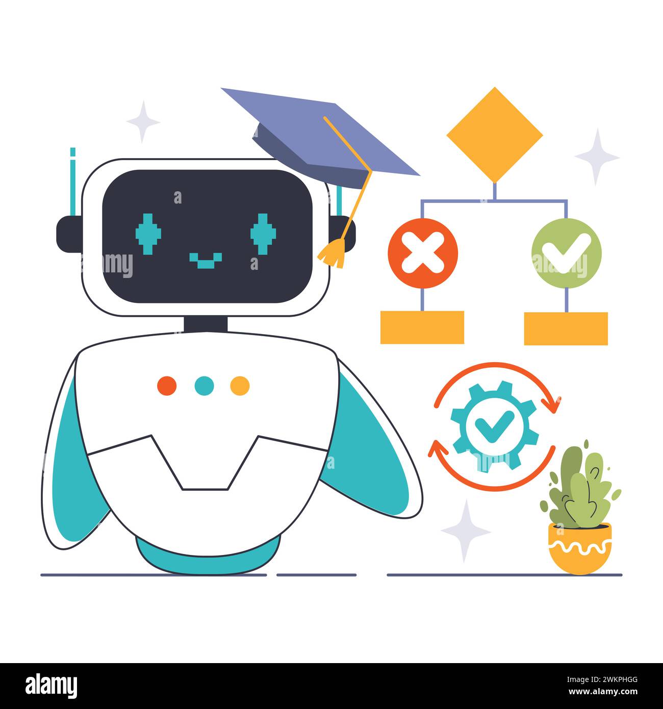 Concept d'algorithme. Un robot amical avec un chapeau de graduation représente l'aspect apprentissage de l'IA, à côté d'un organigramme avec des chemins de décision. Illustration vectorielle plate Illustration de Vecteur