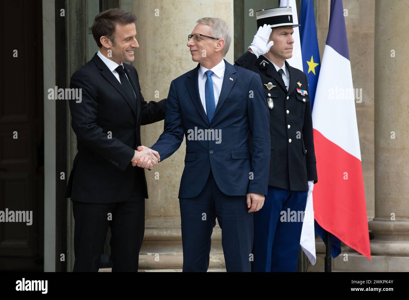 Paris, France, mercredi 21 février 2024, entretien entre M. Macron, président de la République française, et M. Denkov, premier ministre de la République de Bulgarie, crédit François Loock / Alamy Live News Banque D'Images