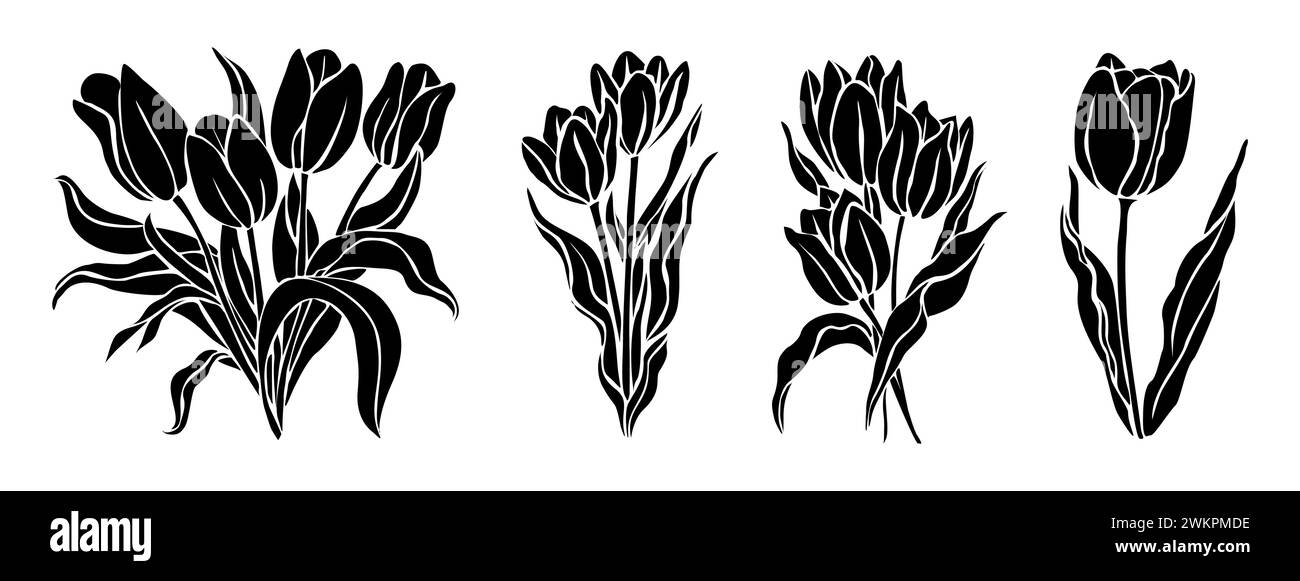Ensemble de silhouettes de tulipes, fleurs de naissance d'avril. Illustration de Vecteur