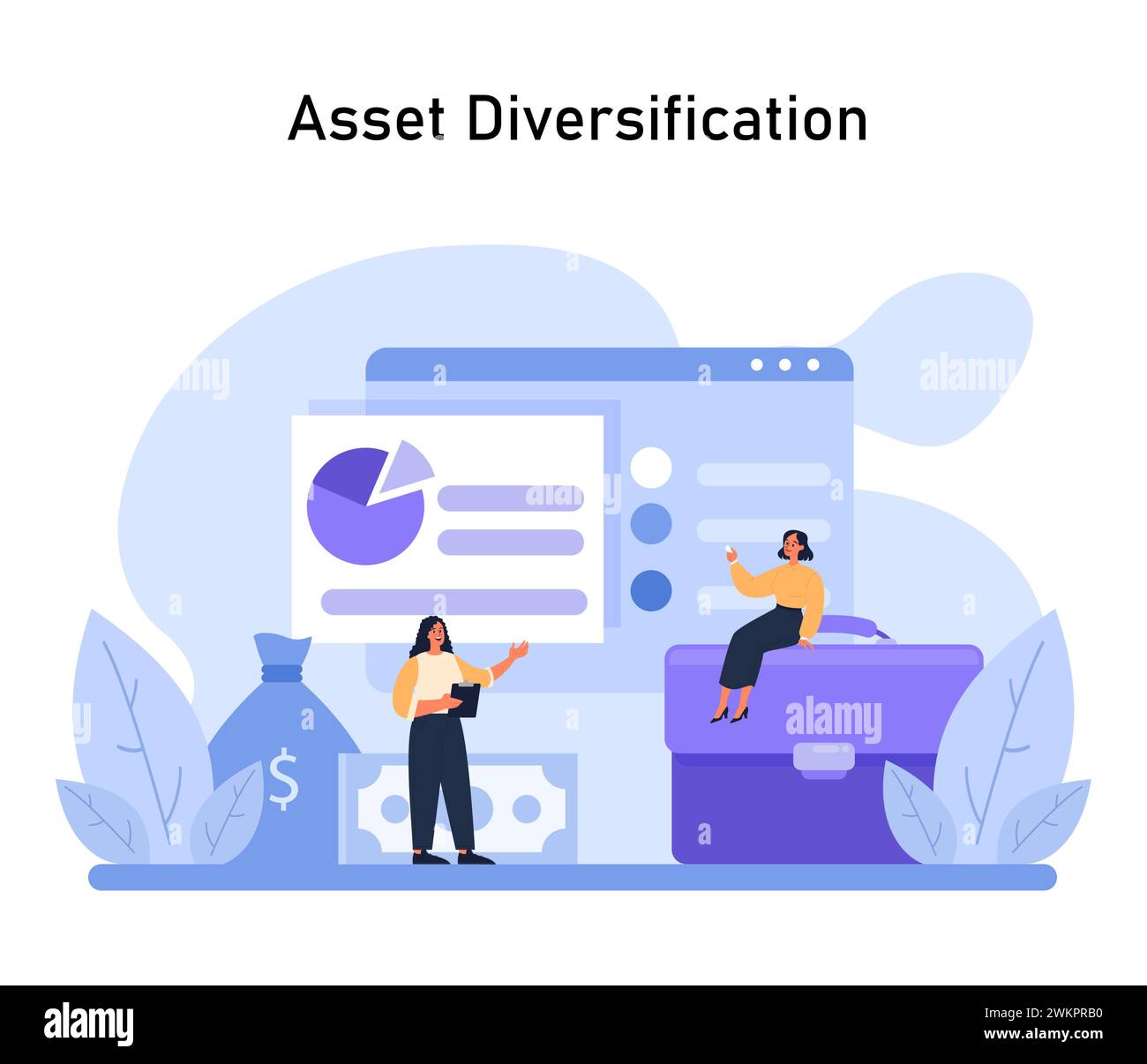 Concept de diversification des actifs. Afficher la répartition stratégique des investissements pour atténuer les risques et stabiliser les rendements. Illustration vectorielle plate Illustration de Vecteur