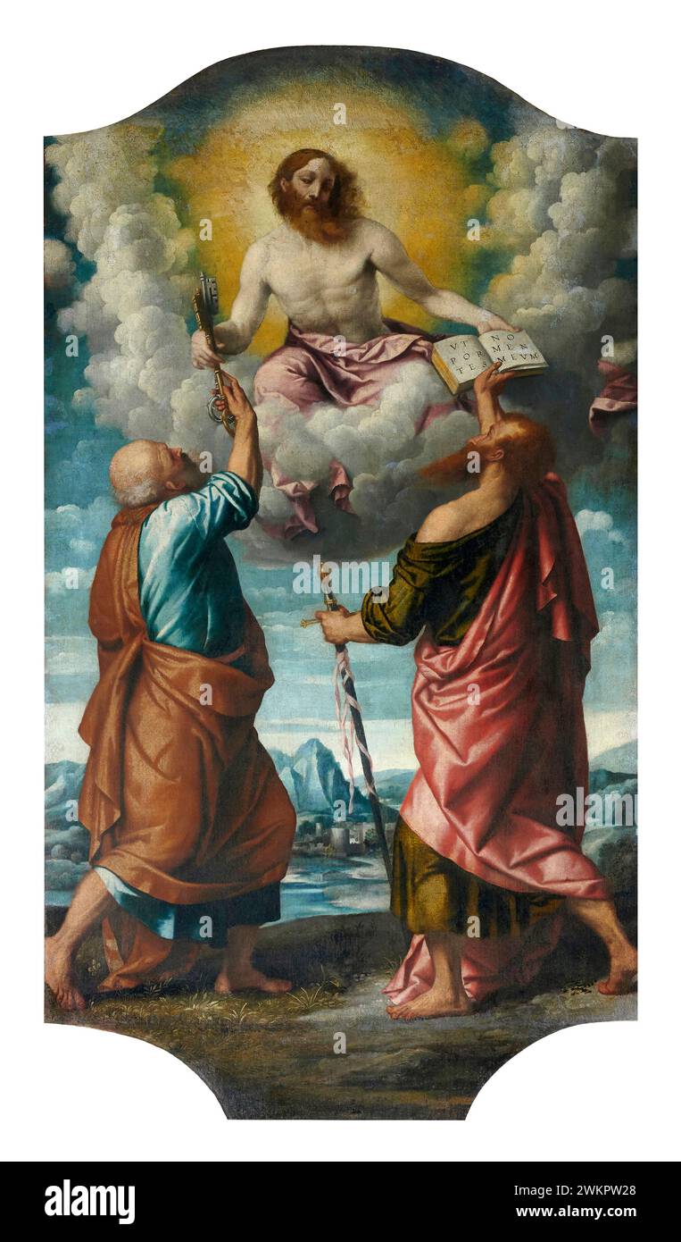 Cristo consegna le chiavi a S. Pietro e la legge a S. Paolo - olio su tela - Alessandro Bonvicino detto il Moretto - 1540 - Rodengo (BS), Abbazie Banque D'Images