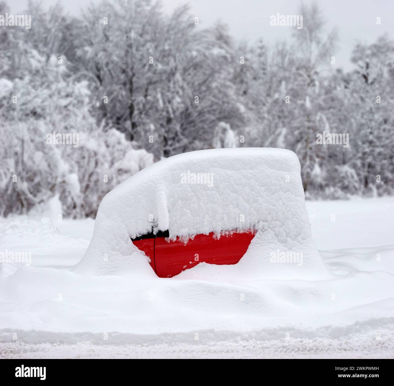 Une Smart rouge, une petite voiture, garée et complètement couverte dans la neige, hiver, Munich, Bavière, Allemagne Banque D'Images