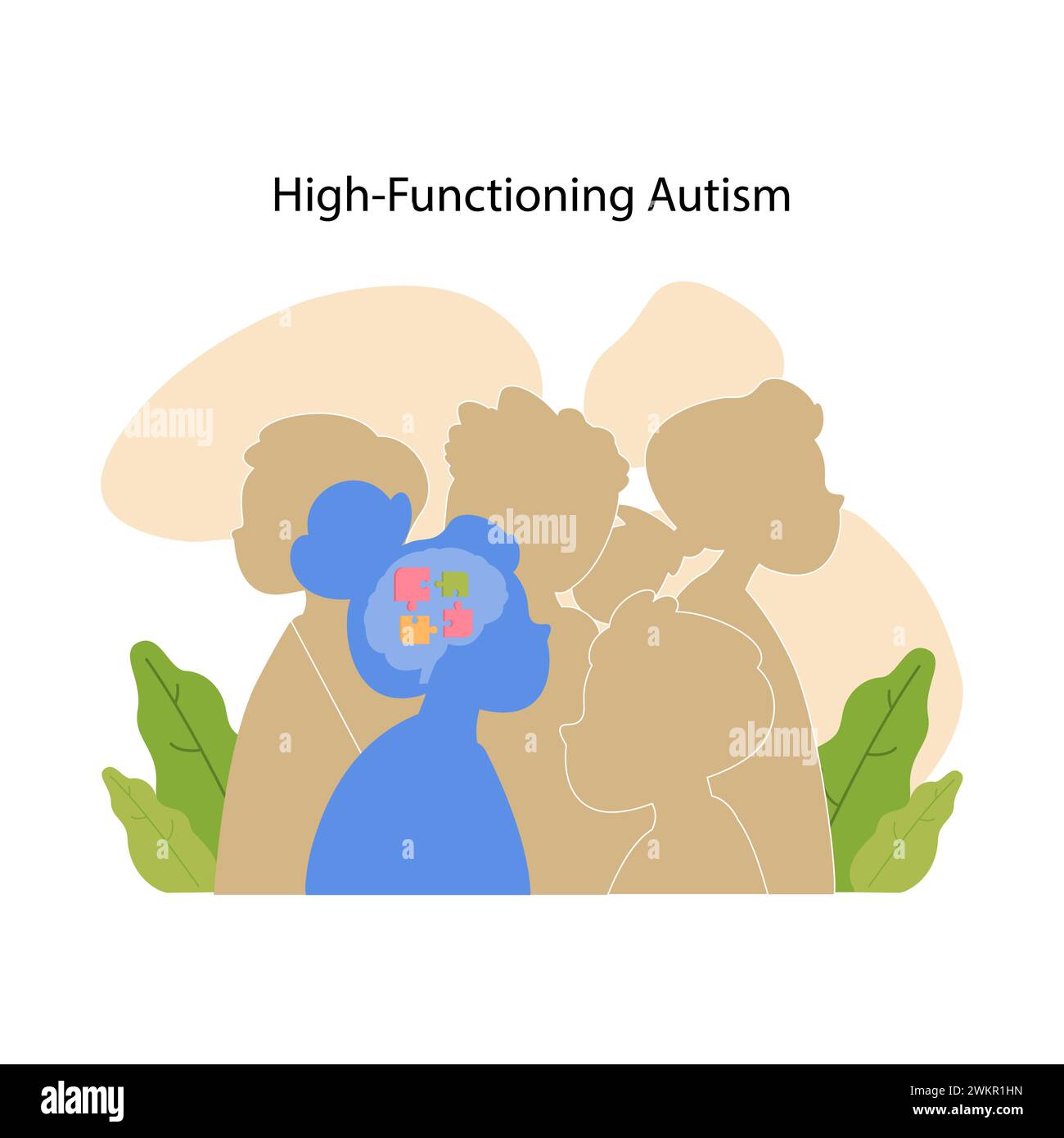 Les silhouettes avec un motif de puzzle dans la région du cerveau décrivent la complexité et la diversité de l'autisme de haut niveau. Illustration vectorielle plate Illustration de Vecteur