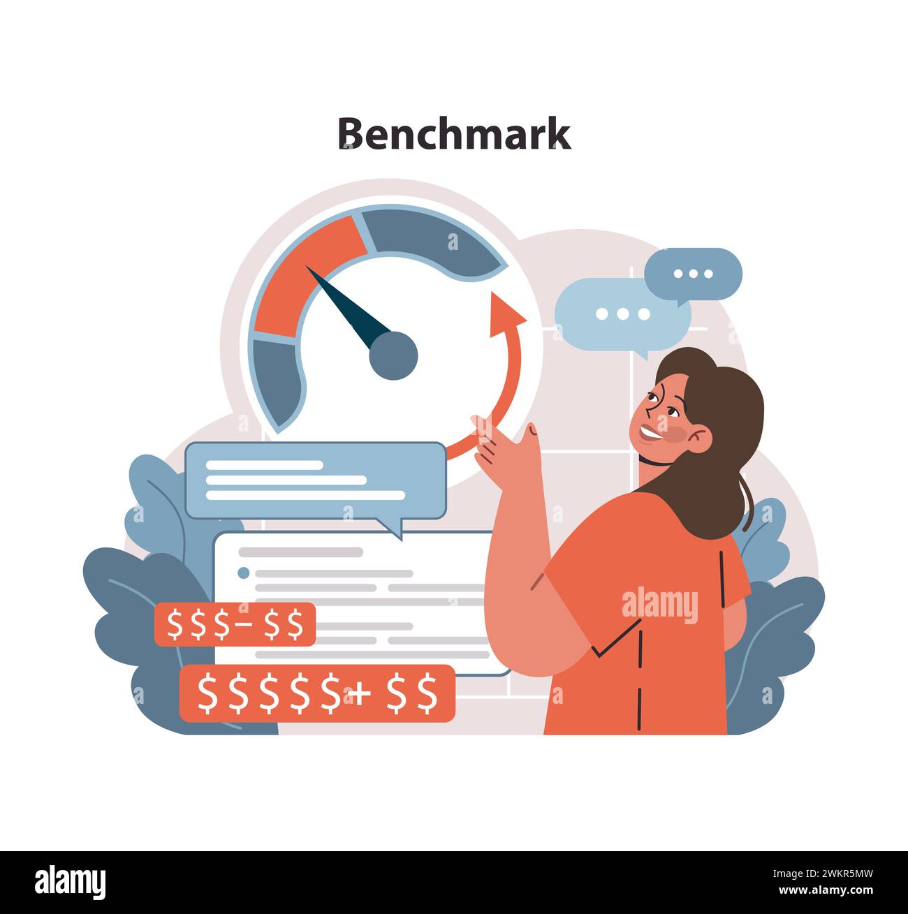 Concept de référence. Un professionnel enthousiaste analyse les indicateurs de performance, comparant les progrès actuels aux objectifs fixés. Le compteur de vitesse indique des normes optimales. Poursuite de l'excellence en finance. illustration vectorielle Illustration de Vecteur