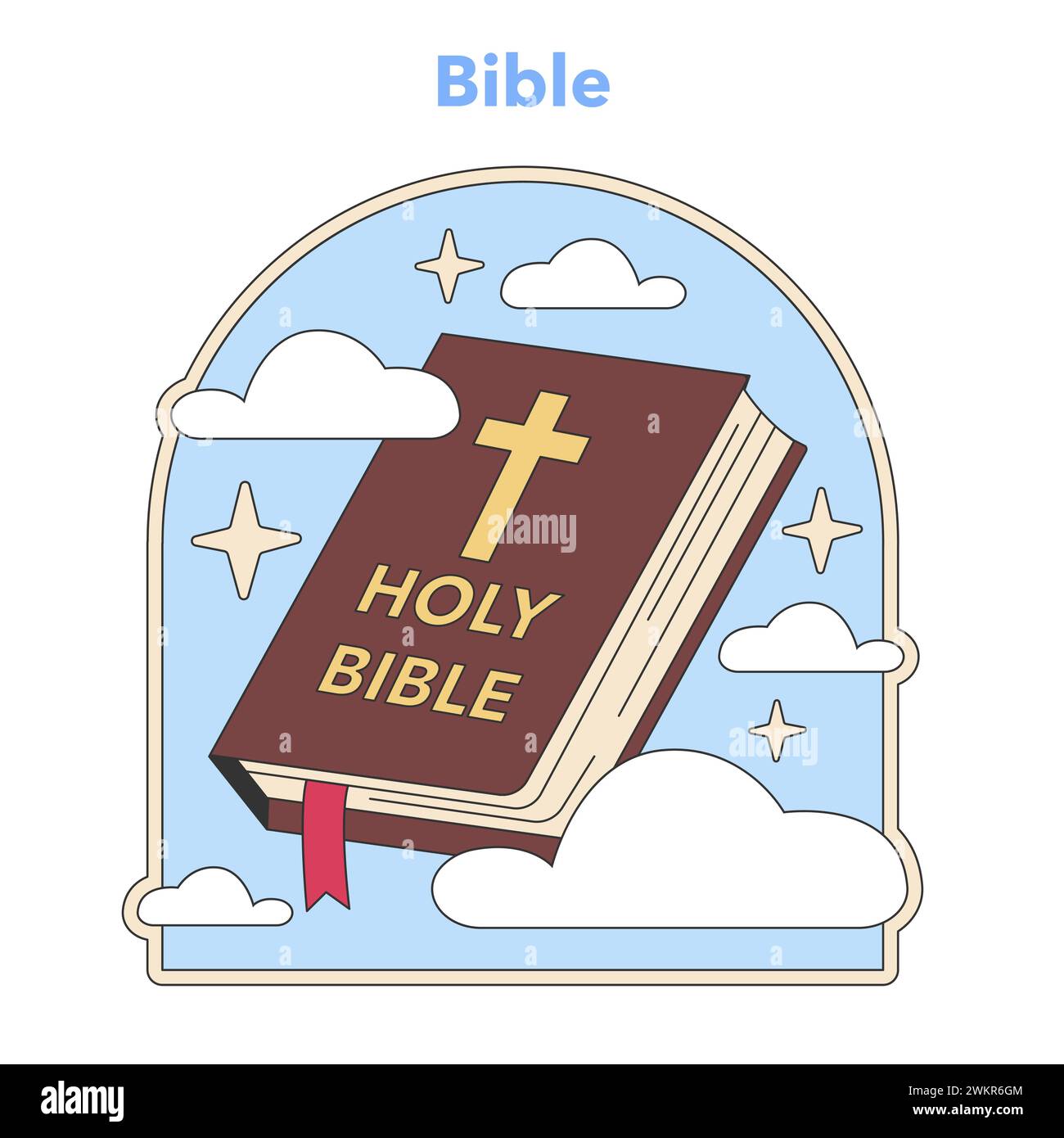 Illustration vectorielle Sainte Bible. Un livre ouvert avec une croix, signifiant le texte religieux central dans le christianisme, contre un ciel avec des nuages et des étoiles. Illustration vectorielle plate Illustration de Vecteur