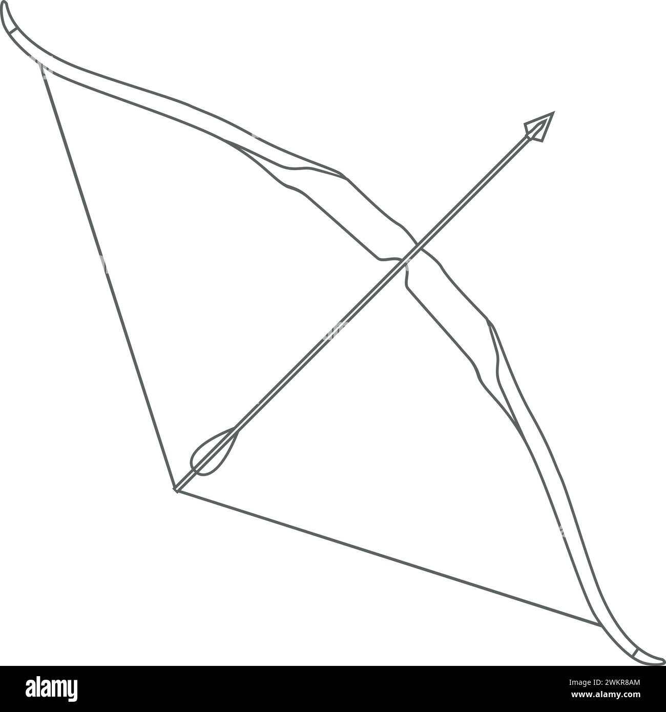 Arc en bois de chasse traditionnel avec icône de contour isolé de flèche dans un style plat. Illustration vectorielle. Illustration de Vecteur