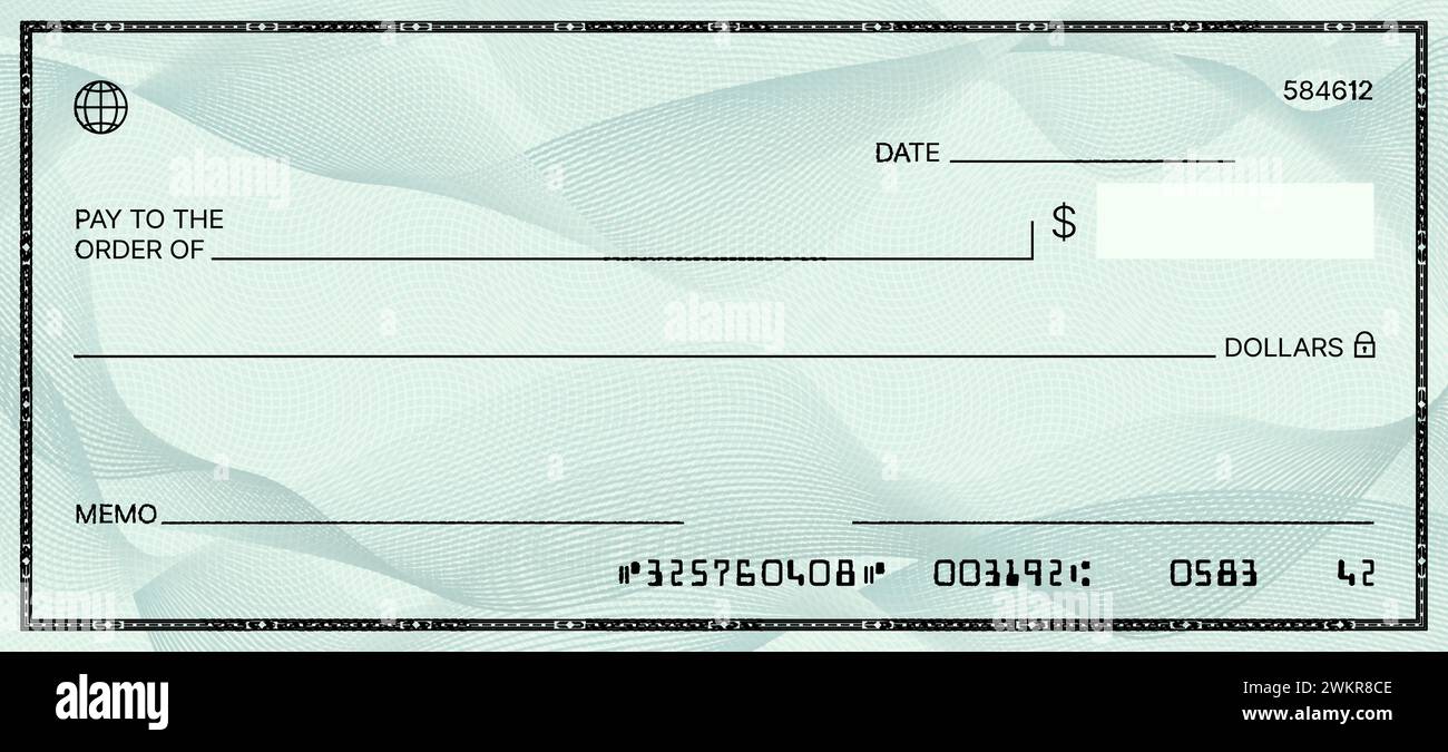 Chèque bancaire vierge. Modèle de chèque-chéquier. Document vectoriel avec des champs vides pour les informations personnelles et financières, permettant aux utilisateurs de créer des chèques personnalisés pour les transactions financières sécurisées Illustration de Vecteur