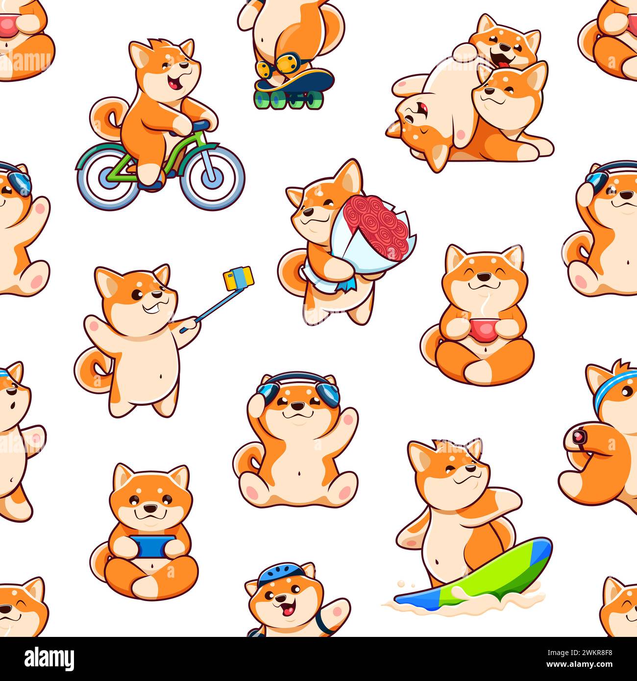 Dessin animé kawaii Shiba Inu chien Pet personnages sans couture. Imprimé sans couture de tissu avec des chiens mignons, du papier peint ou un motif vectoriel de papier d'emballage avec Shiba Inu personages skating, surf et jogging Illustration de Vecteur