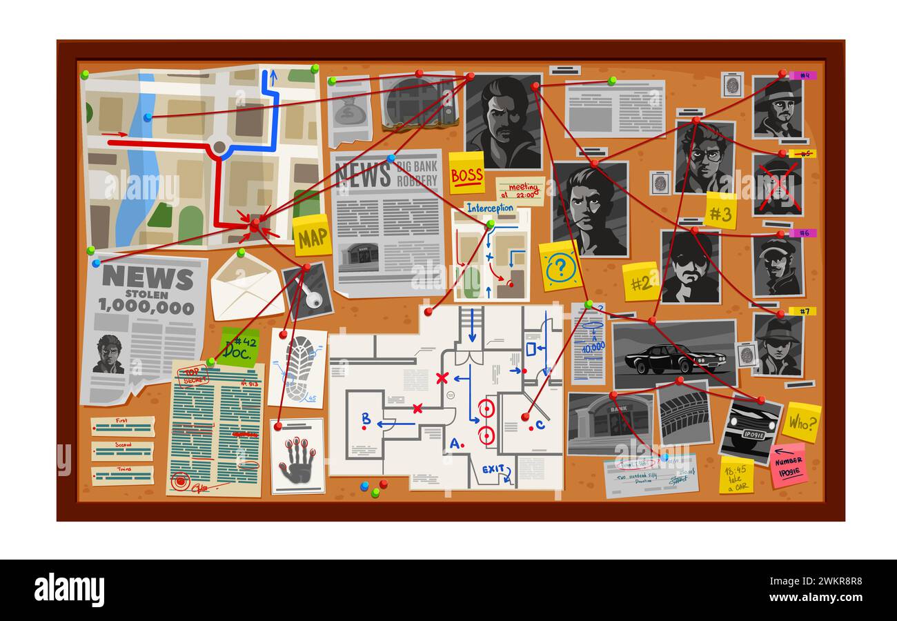 Panneau de détective, enquêter sur le mur avec carte et photo, journal et tableau d'affichage, enquête sur le crime vectoriel, intérieur du bureau de police. Tableau d'affichage de détective de dessin animé avec des preuves, des indices, des cordes rouges Illustration de Vecteur