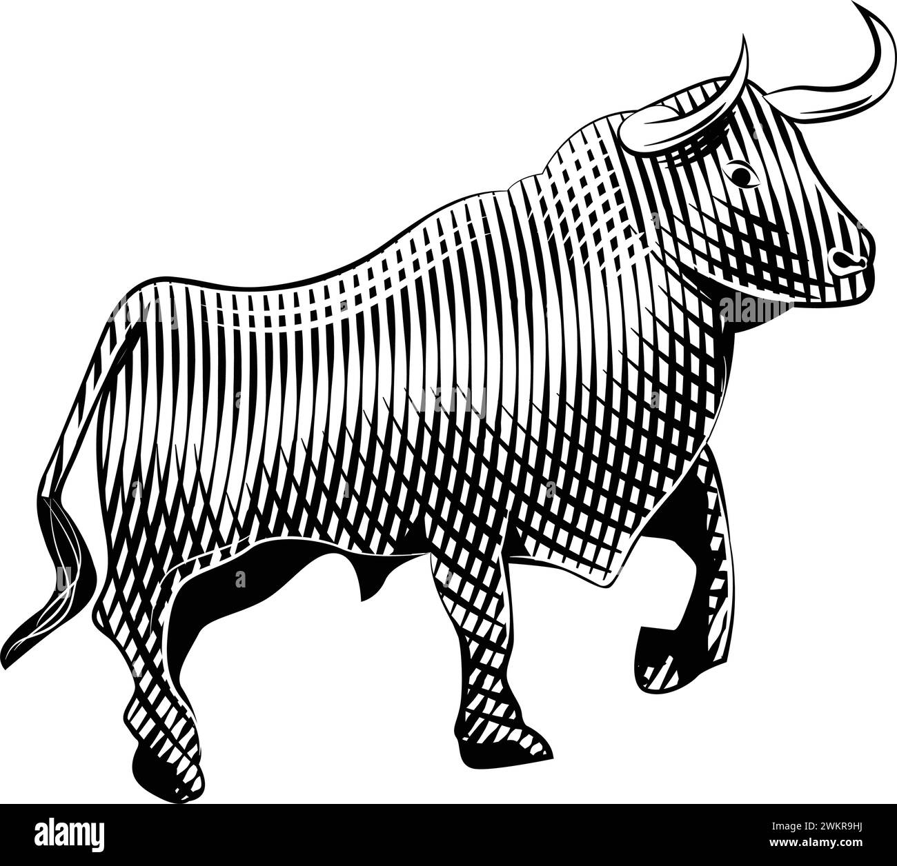 Gravure sur bois Bull ligne style illustration art Illustration de Vecteur