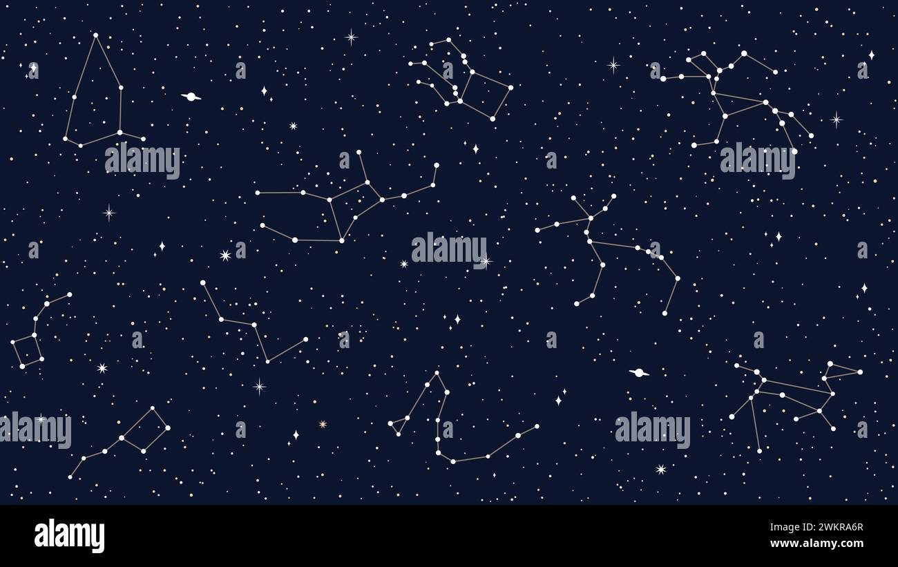 Modèle sans couture céleste du ciel spatial avec carte vectorielle des constellations d'étoiles, des étincelles et des planètes. Fond de ciel nocturne sombre avec des silhouettes de cassiopée, andromède, delphinus, constellations de pégase Illustration de Vecteur