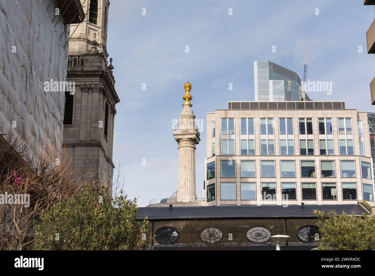 La tour de l'église de Saint Magnus-le-Martyr avec le Monument au Grand incendie de Londres sur Monument Street dans la ville de Londres, Angleterre, Royaume-Uni Banque D'Images