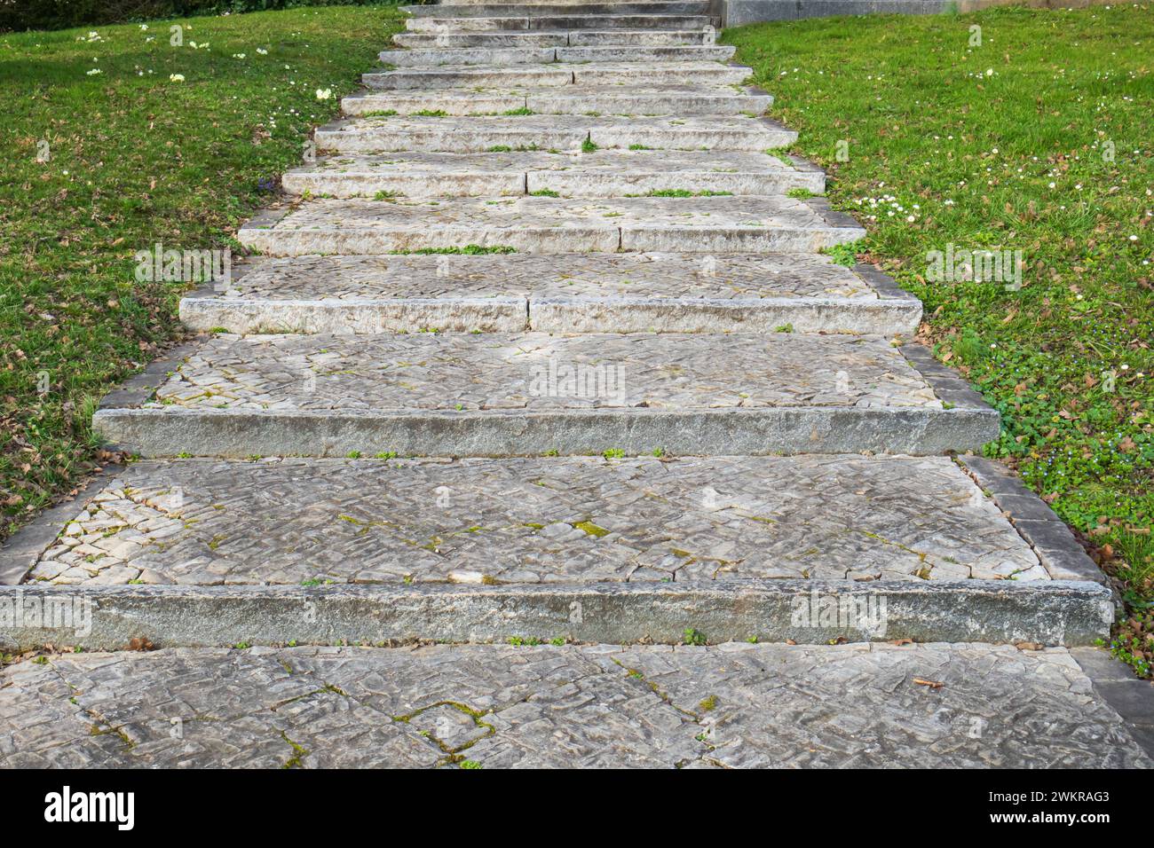Escaliers en pierre anciens graduels dans un jardin. Prise de vue extérieure, vue de dessus, personne. Banque D'Images