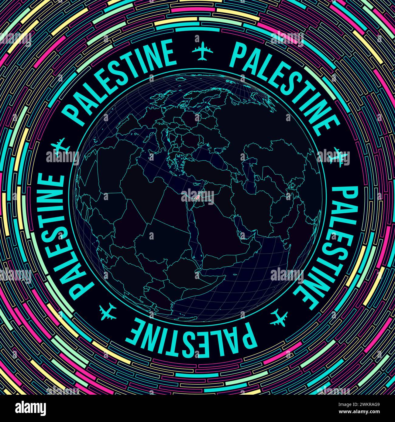 La Palestine sur le globe. Vue satellite du monde centrée sur la Palestine. Style néon lumineux. Fond futuriste de briques radiales. Illustration vectorielle soignée Illustration de Vecteur